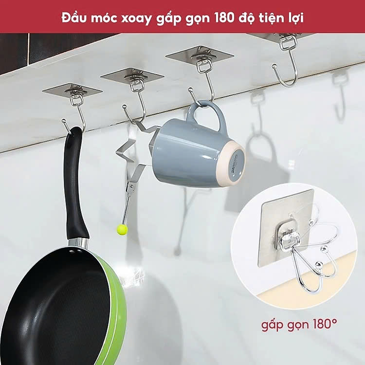 COMBO 10 Móc Dán Tường Inox 304 Loại 1 Chân Chịu Lực Đến 20kg Kèm Miếng Dán Tráng Bạc Siêu Dính, Móc Dán Chịu Lực Loại Tốt