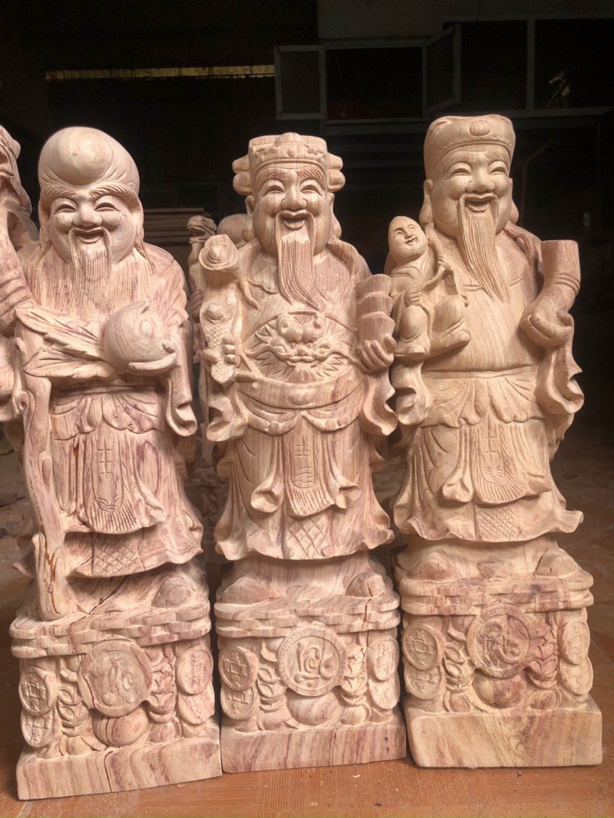 Tượng phật tam đa phúc lộc thọ gỗ hương đá kt cao 40×13×11cm