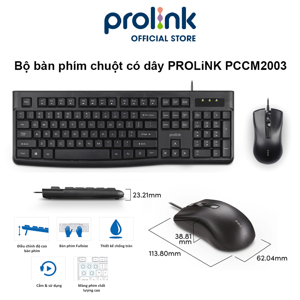 Bộ bàn phím chuột có dây PROLiNK PCCM2003 Fullsize cao cấp, chống thấm nước, độ nhạy cao dành cho máy tính, Laptop - Hàng chính hãng