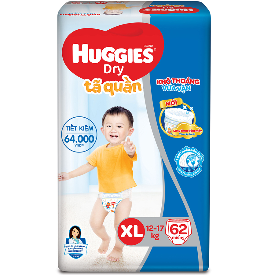 Tã Quần Huggies Dry Gói Cực Đại XL62 (62 Miếng) - Bao Bì Mới