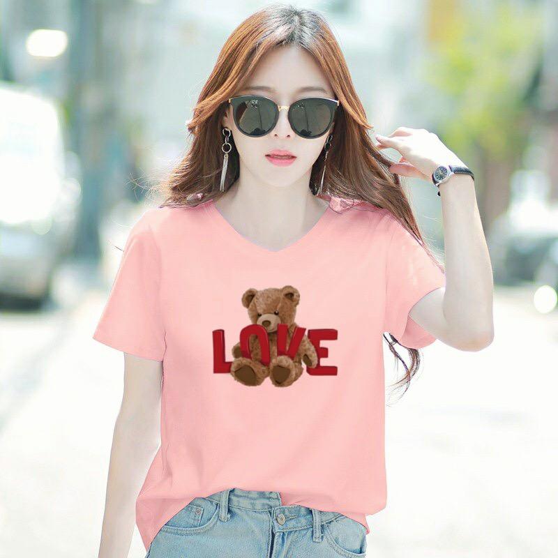 Áo thun nữ MXM cổ tim form rộng in hình gấu chữ Love thun cotton 4 chiều từ 45-60kg ( ANU079 )