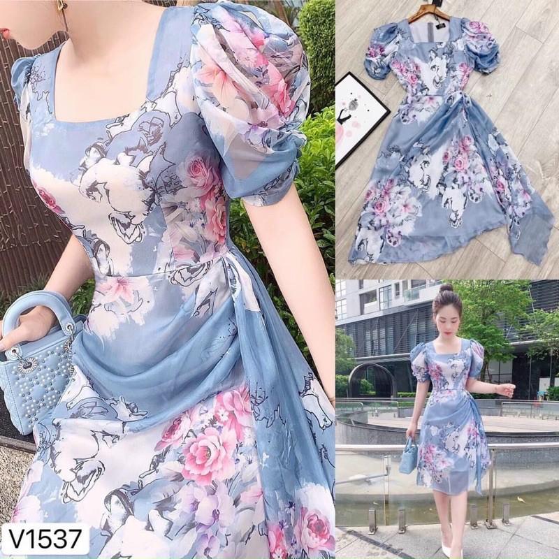 Đầm xoè lụa hoa tay phồng cổ vuông diu dàng nữ tính