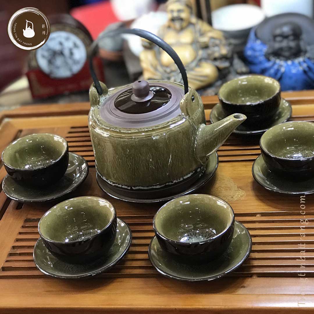 Bộ Ấm Chén Trà Đạo Men Hỏa Biến Hoàng Thổ Bát Tràng Dáng Biến Trúc Đề Lương Dung Tích 550ml  AVMT 14