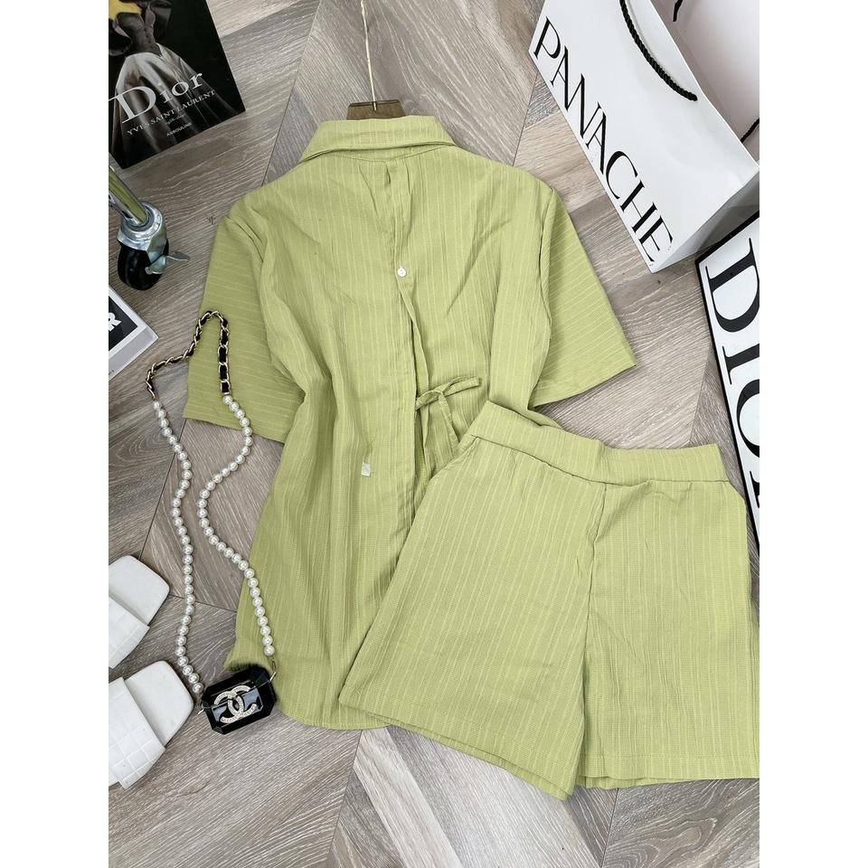 Bộ đùi nữ Set sơ mi sọc xanh lá cột nơ lưng, Set sơ mi sọc xanh lá quần sooc chất đũi thắt nơ lưng