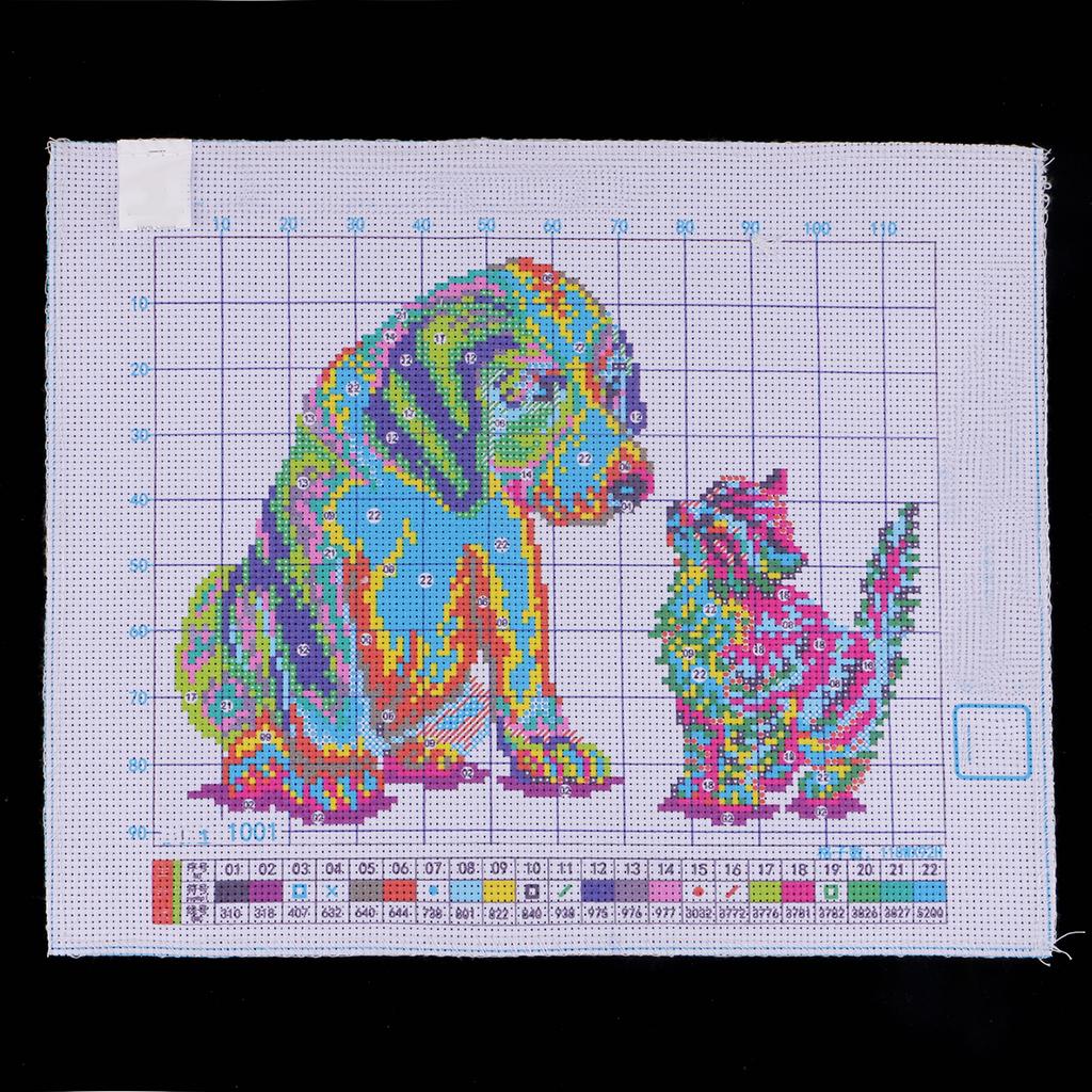 DIY Stamped Cross Stitch Kit Pre-Printed Pattern - Dog Cat 11 Count 35x29cm