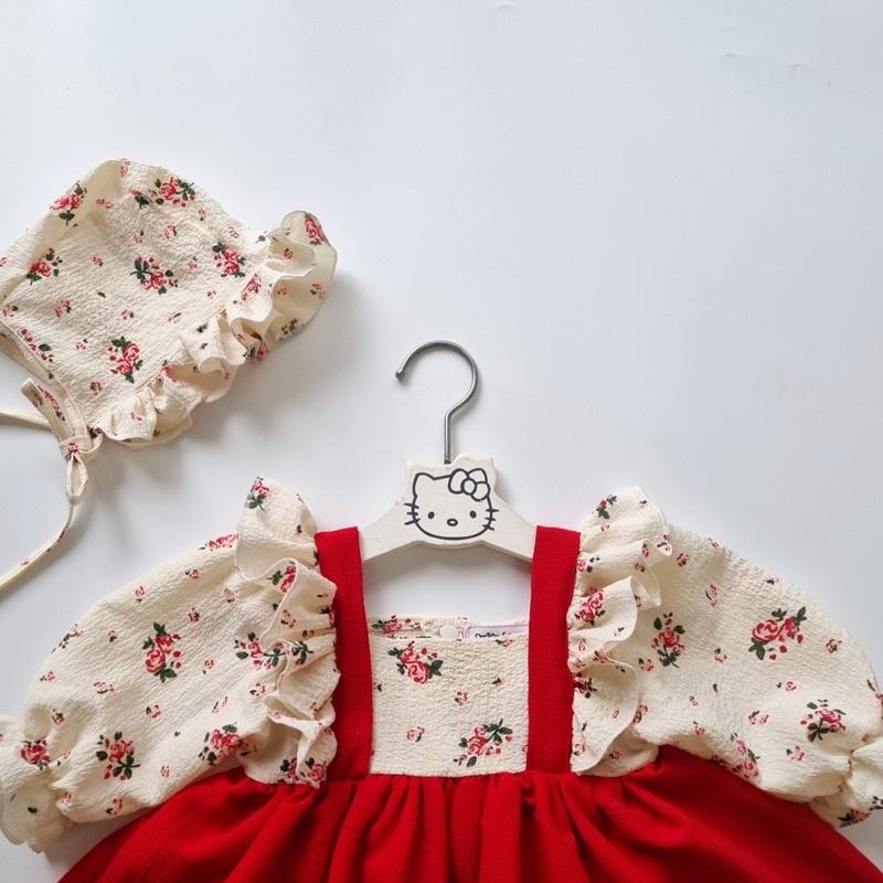 Set body váy hoa xòe công chúa kèm mũ dễ thương cho bé gái - chất đũi xô - đầm dài tay đầy tháng sơ sinh -áo quần trẻ em