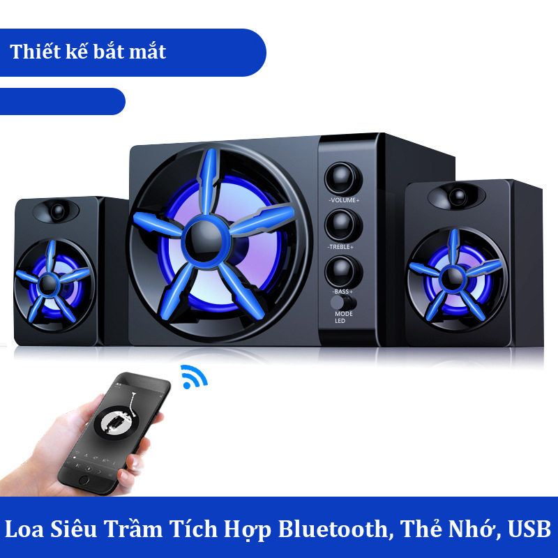 Bộ 3 Loa Vi Tính Để Bàn D-215 Hộp Gỗ, Âm Thanh Siêu Trầm, Hỗ Trợ Bluetooth, USB, Thẻ nhớ, Jack 3.5