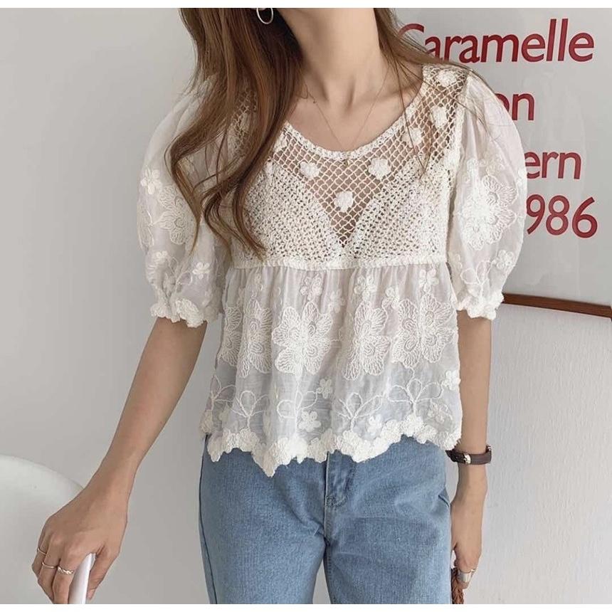 MS597 Áo kiểu babydoll đan móc vải thô thêu hoa tay bồng