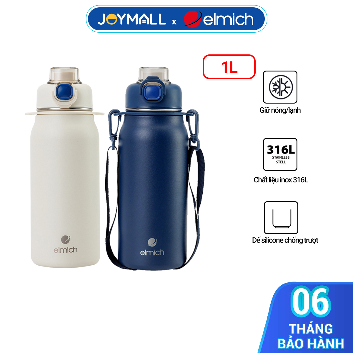 Bình giữ nhiệt inox 316 Elmich EL8331 1L, Hàng chính hãng, kèm ống hút silicone, chống tràn -JoyMall