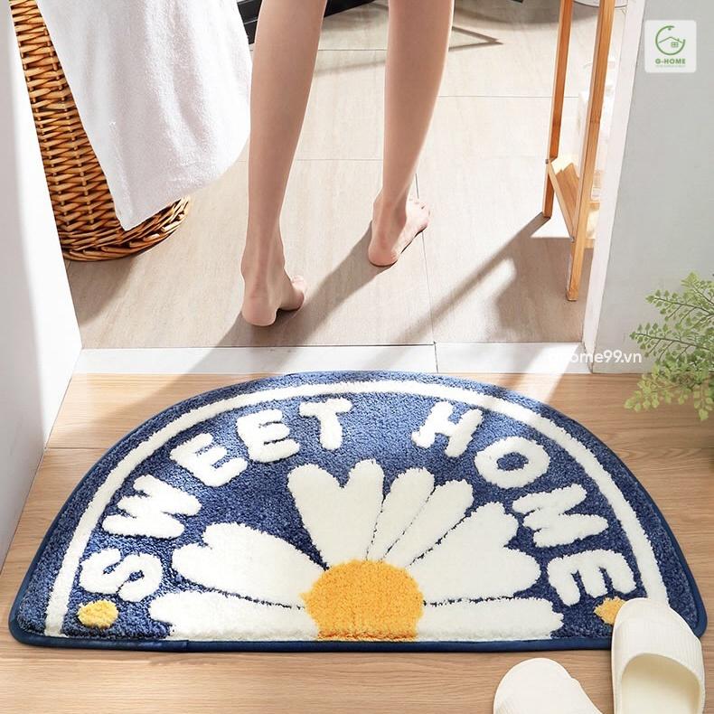 Thảm lau chân hình bán nguyệt hoa cúc sợi len lông Ghome thảm chống trơn trượt phòng khách, phòng tắm   TC01 BNCUC