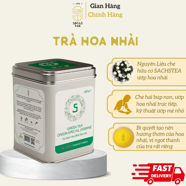 Trà xanh hoa nhài SACHS TEA 1773 ướp thủ công bởi nghệ nhân vị thơm ngọt hậu kéo dài hộp thiếc cao cấp 70g/hộp