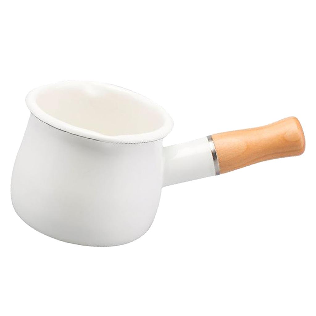 550ml Small Enamel Milk Cooking Sauce Pan Pot Wooden Handle Cookware White