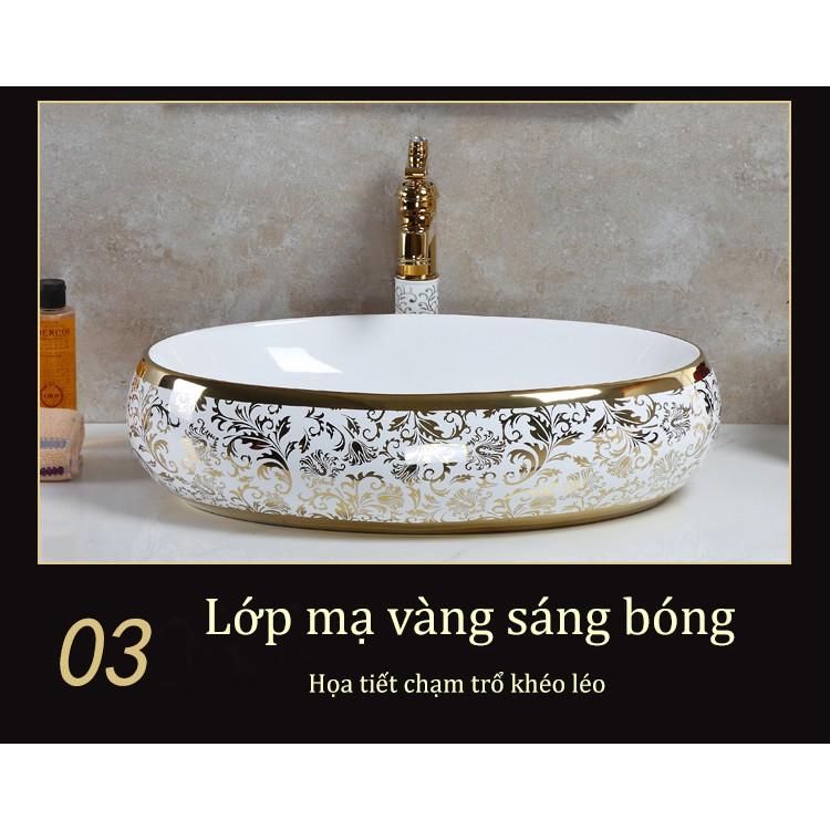 Chậu sứ lavabo để bàn hình oval, vân cổ điển màu vàng tuyệt đẹp