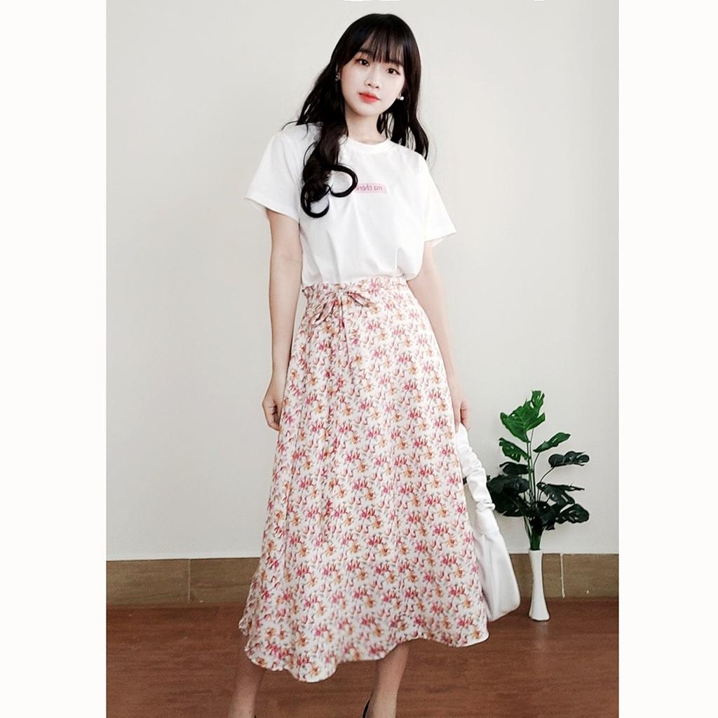 Set chân váy hoa dáng dài nữ tính + áo phông SR005