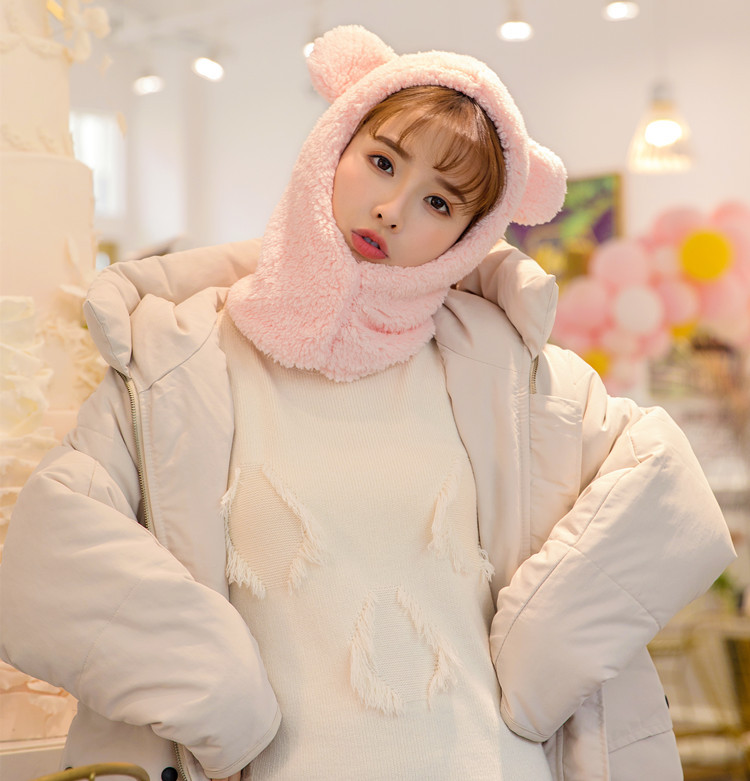 Mũ len lông cừu liền khăn cổ tai gấu dễ thương ấm áp mùa đông thích hợp cho bạn gái