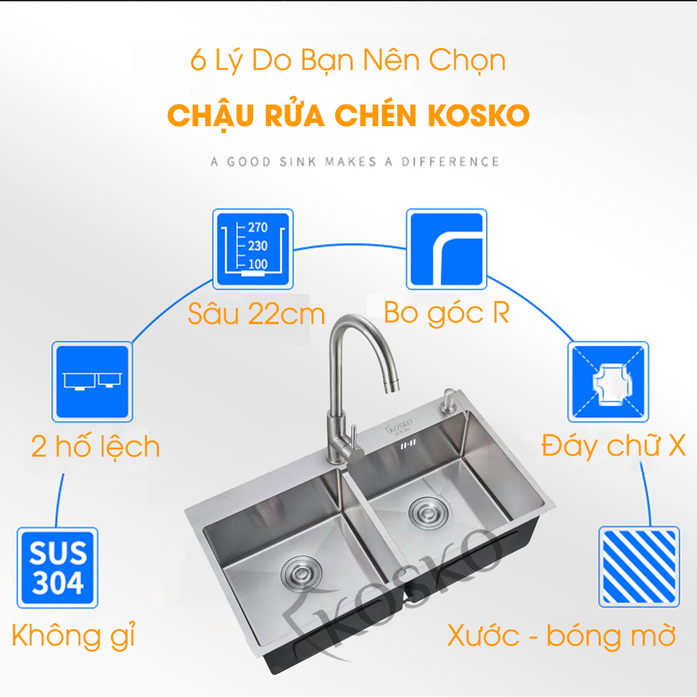 Bồn rửa chén inox 304 KOSKO, chậu rửa chén bát 82x45cm đúc cân lắp được nhiều loại vòi nước rửa chén