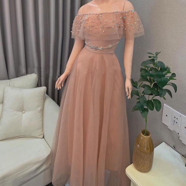 Đầm Maxi xoè lưới bẹt vai kết cườm treo -MS33Y- Size M L đến 58kg MMR