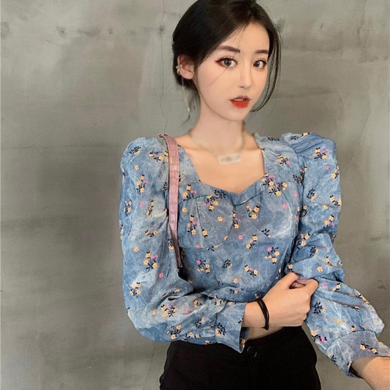 Áo kiểu tay dài cổ vuông họa tiết hoa phong cách retro Hàn Quốc xinh xắn thời trang cho nữ