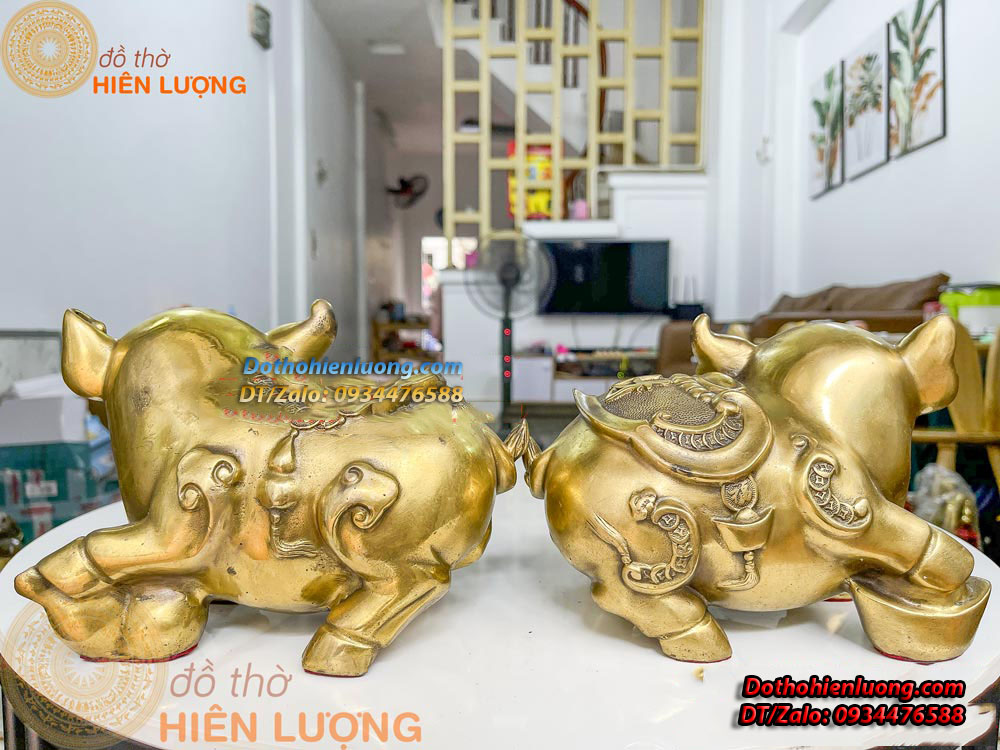 Đôi Tượng Heo Lưng Chữ Phúc - Heo Đắc Phúc Bằng Đồng Kích Thước 21x13x15cm, Nặng 4kg/đôi - Đồ Thờ Hiên Lượng