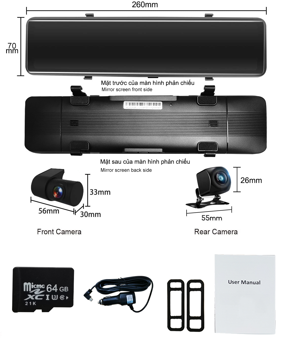 12 inch HD1920P Camera hành trình, với camera trước được tách biệt, ghi hình ngày đêm siêu nét trước và sau xe ôtô