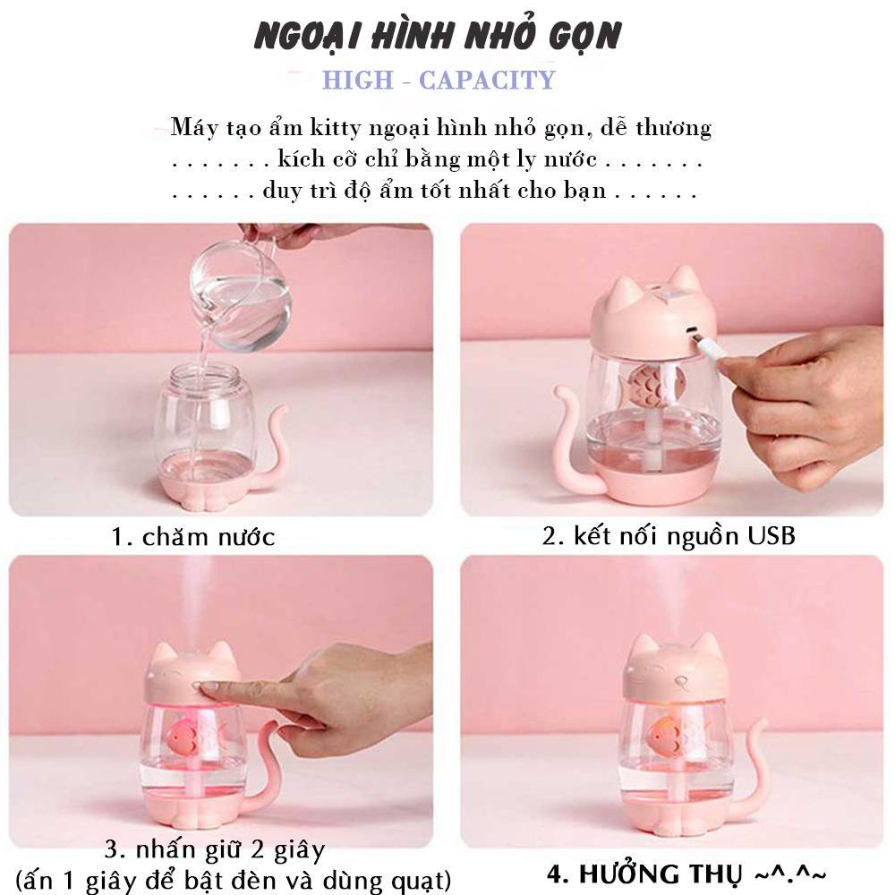MÁY PHUN SƯƠNG TẠO ẨM SIÊU ÂM SẠC USB 35O ML ĐA NĂNG HIO2NG MÈO ĐÁNG YÊU CÓ ĐÈN LED + KÈM QUẠT