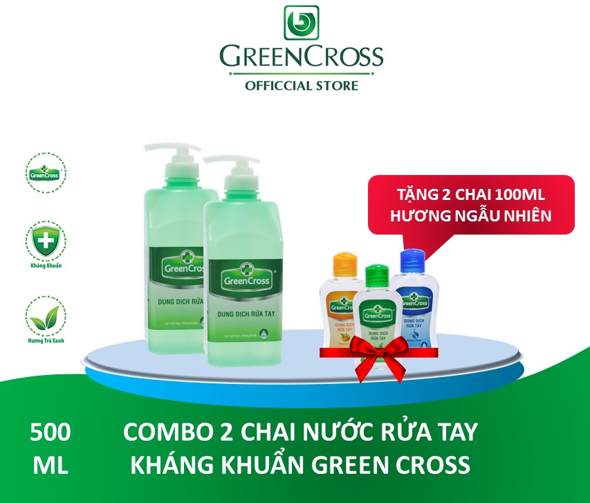 COMBO 2 CHAI 500ML NƯỚC RỬA TAY KHÁNG KHUẨN GREEN CROSS - Tặng thêm 2 chai 100ml Greentea