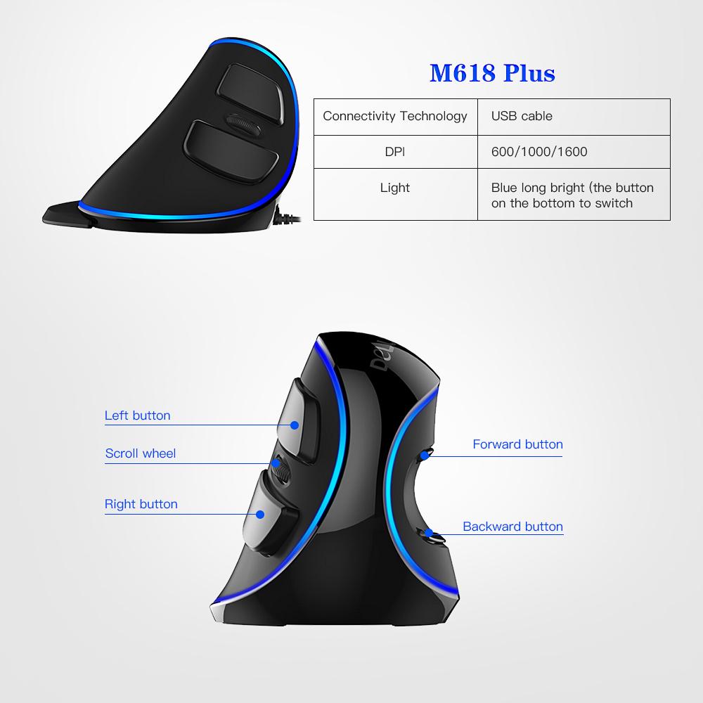Chuột quang có dây Delux M618 Plus Blue Light 600/1000/1600 DPI 3 cấp độ với 6 nút cho PC Laptop