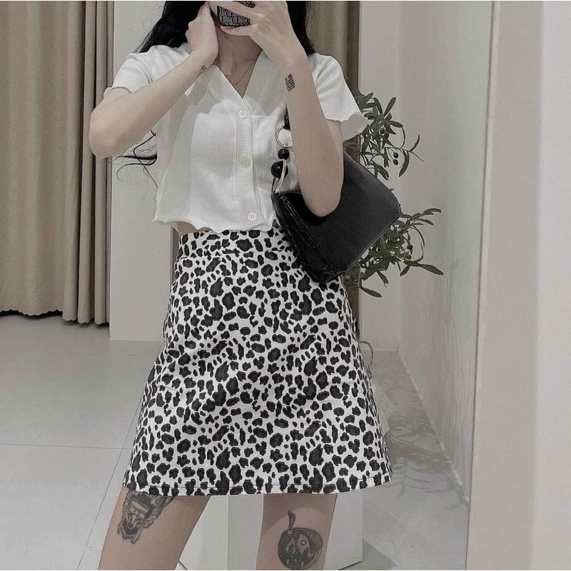 Set áo cổ V kèm chân váy da beo , áo chất cotton dày mịn-N