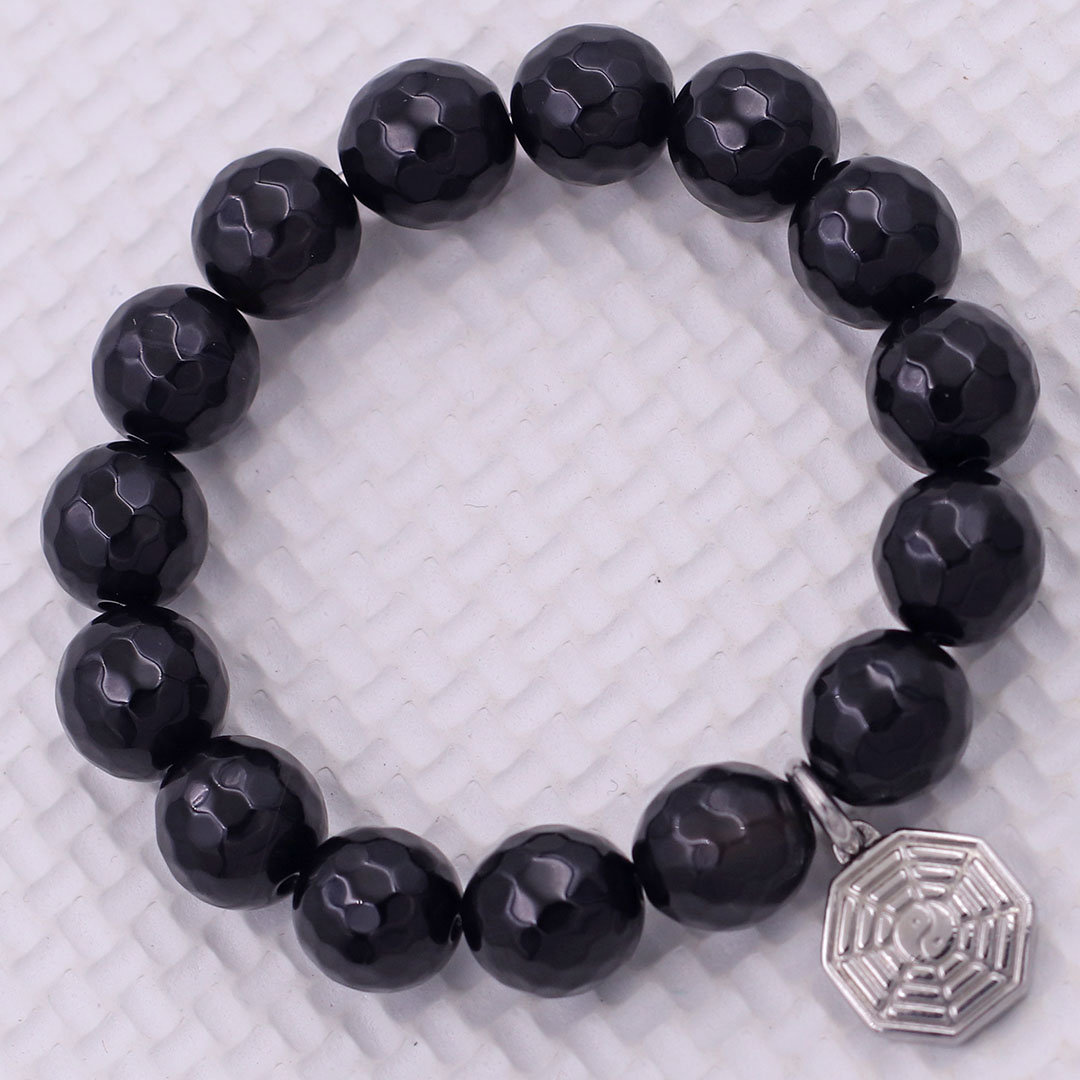 Vòng chuỗi đeo tay đá thạch anh đen cắt giác charm bát quái inox, vòng tay hạt chuỗi, vòng chuỗi phong thủy, vòng tay nam nữ