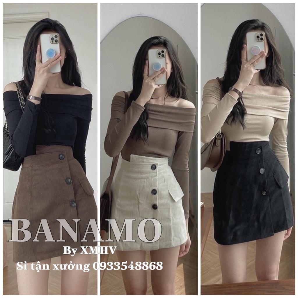 Chân váy cạp cao vải nhung tăm độc lạ 3 khuy tôn dáng BANAMO FASHION 551