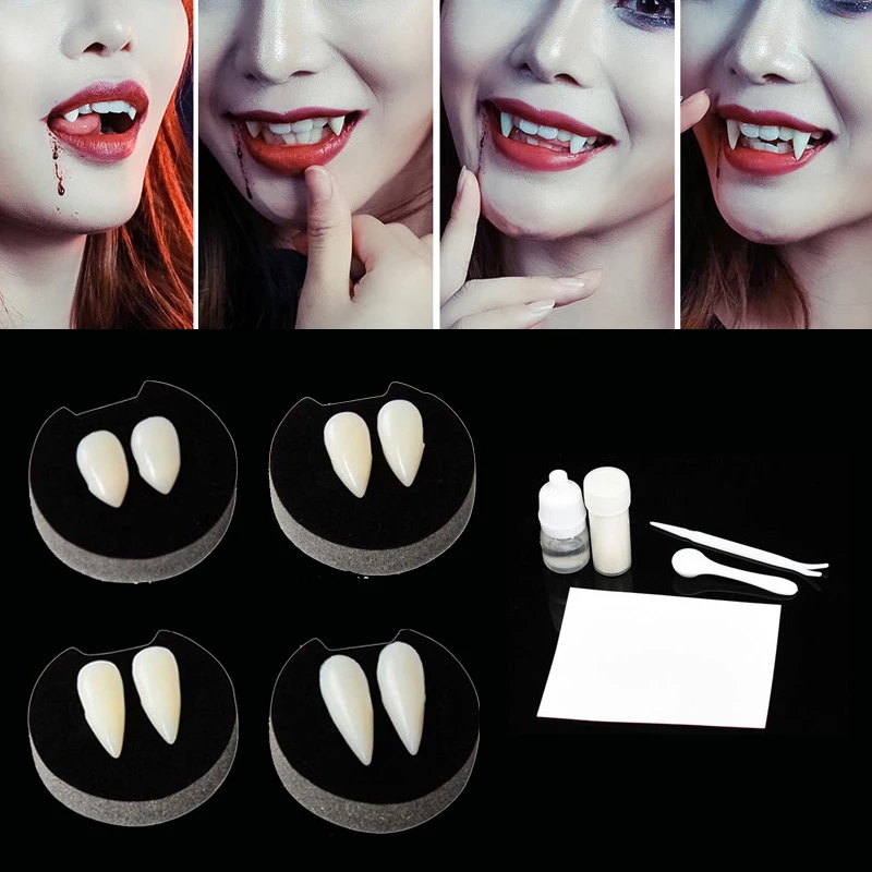 Cặp Răng nanh giả hóa trang Halloween:  cosplay và keo gắn nanh giả hóa trang răng ma cà rồng người sói vampire