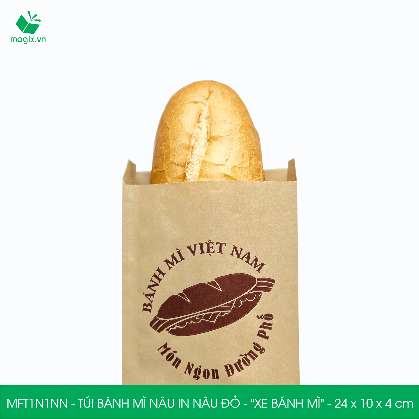 MFT1N1NN - 24x10x4 cm - 1000 Túi bánh mì Nâu, in sẵn họa tiết XE BÁNH MÌ - Bao bánh mì Túi giấy thực phẩm an toàn