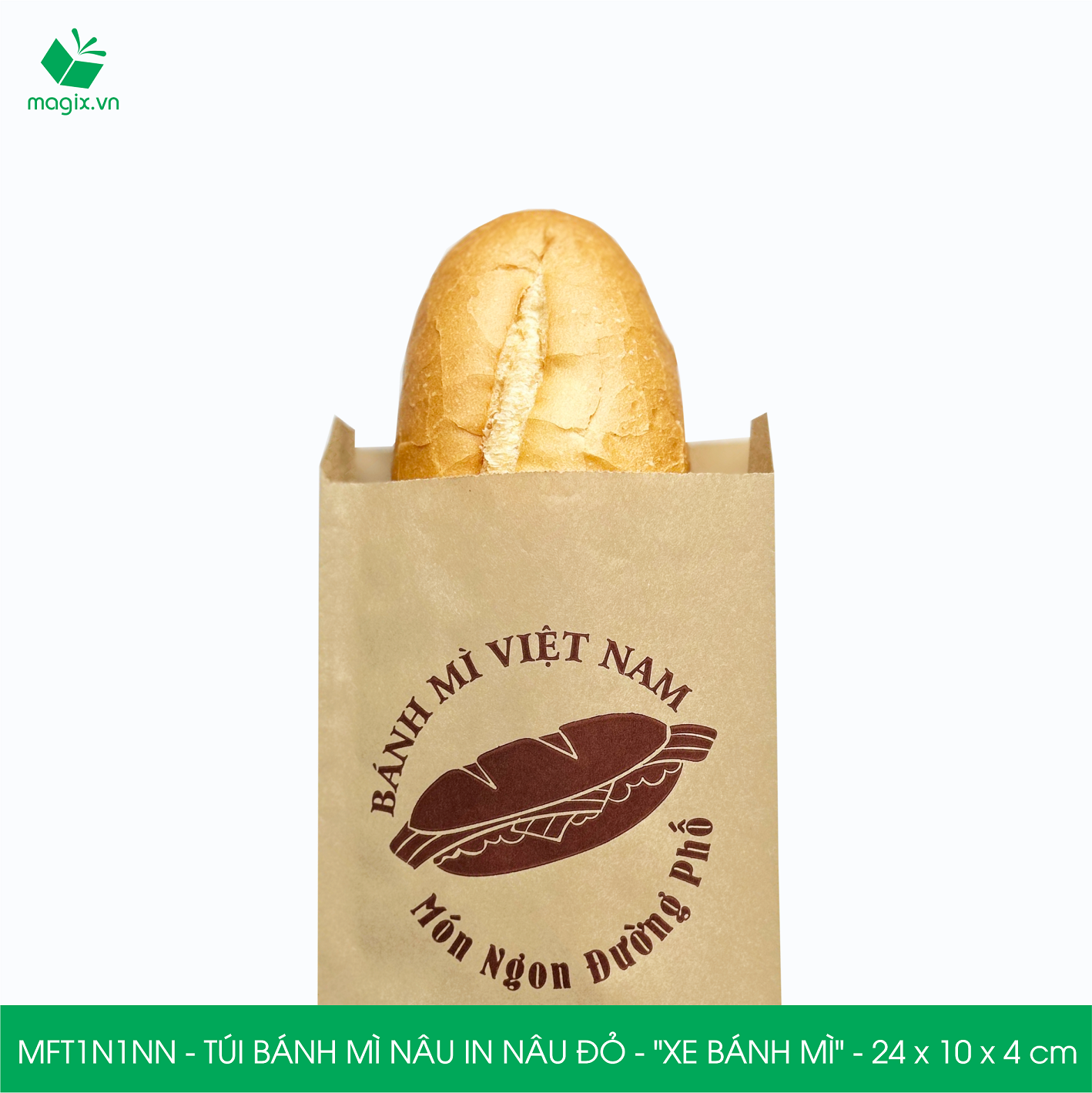 MFT1N1NN - 24x10x4 cm - 500 Túi bánh mì Nâu, in sẵn họa tiết XE BÁNH MÌ - Bao bánh mì Túi giấy thực phẩm an toàn