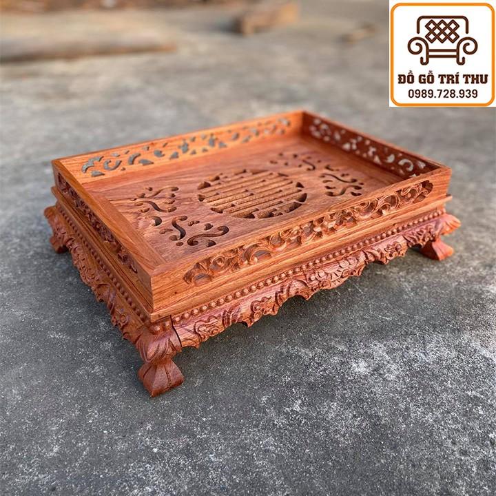 Khay Trà Gỗ Hương Chân Quỳ Đục Song Long Chầu Nguyệt Tứ Diện Cấp Sang Trọng