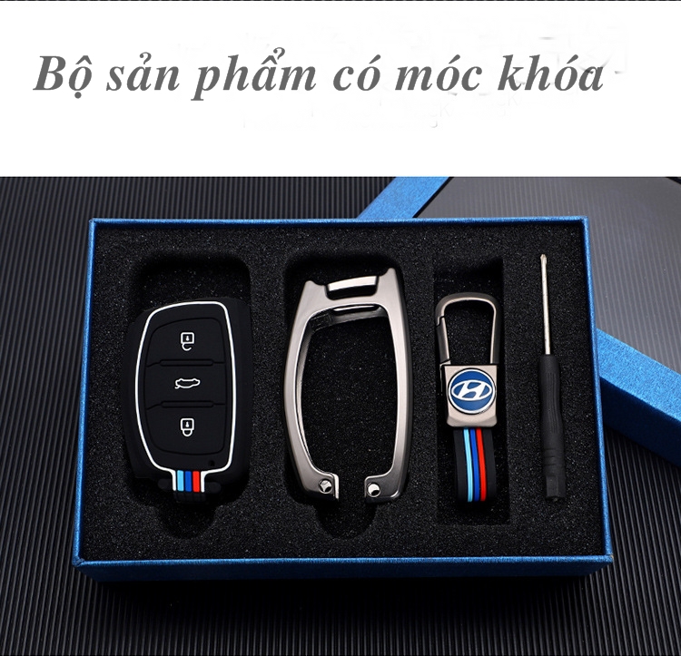 Ốp chìa khóa kim loại cao cấp dùng cho I10; Tucson; Elantra có nút bấm kèm móc treo có viền dạ quang video ảnh thật