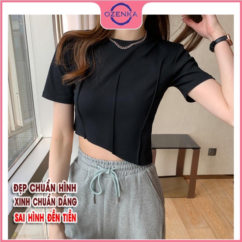 Áo croptop ngắn tay cổ tròn vạt lệch, áo crt nữ ôm body đẹp thun gân 100% cotton màu đen trắng dưới 50 cân