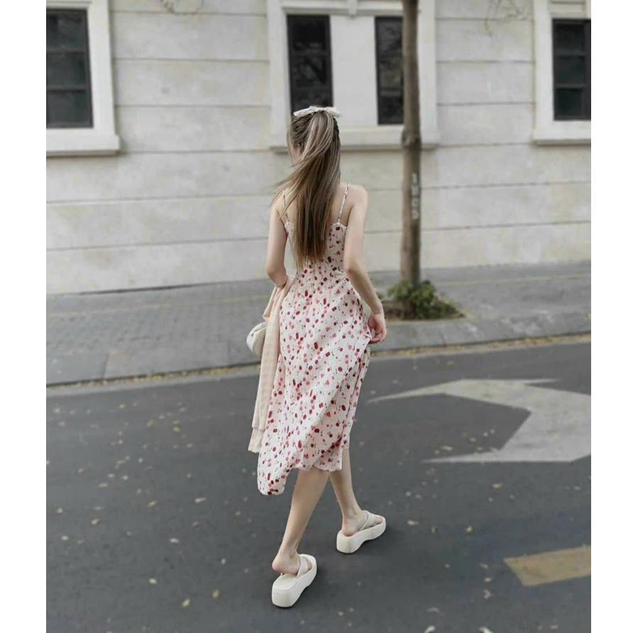 Sét đầm midi xốp hoa 2s kèm áo khoác thun hot trend