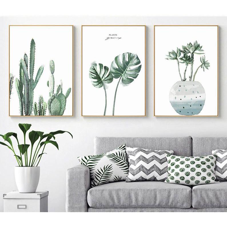 Tranh treo tường | Tranh cây lá nhiệt đới, bộ 3 tranh Màu nước Cây xanh, Cây xương rồng, trang trí tường nhà