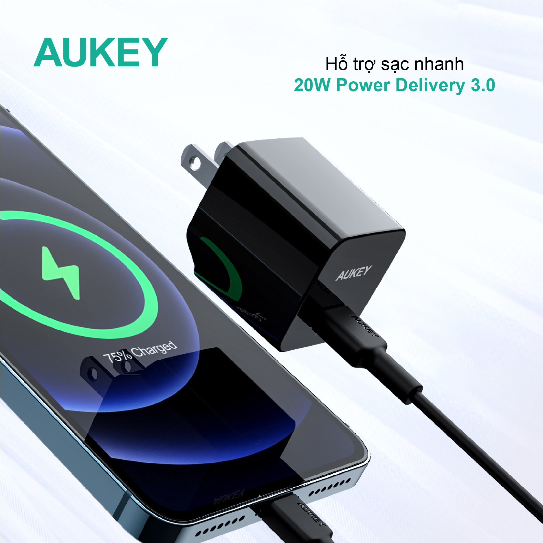 Củ sạc nhanh USB C Aukey PD 30W PA-Y30s, hàng chính hãng