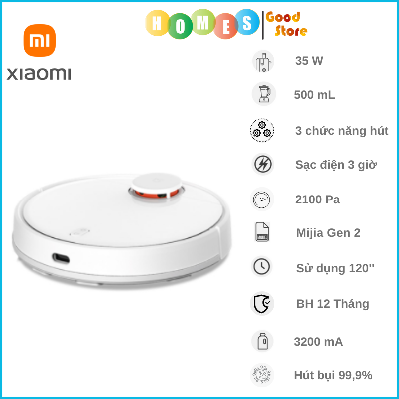 Robot Hút Bụi Lau Nhà XIAOMI MIJIA GEN 2 Diện Tích Hoạt Động 180m2 Công Suất 35W Áp Suất 4000 Pa - Hàng Chính Hãng