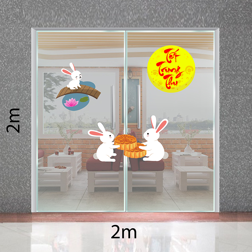 Decal trang trí trung thu 2021  gia đình thỏ trắng đớn mùng trung thu dưới ánh tráng