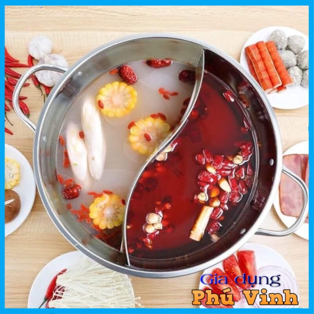 Nồi lẩu 2 ngăn Hotpot 32cm, nấu được bếp từ, có nắp kính