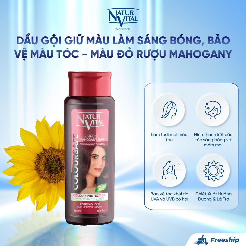 Dầu Gội NaturVital Colour Henna Chiết Xuất Hướng Dương & Lá Trơ, Giúp Làm Sáng Bóng, Bảo Vệ Màu Tóc - Màu Đỏ Rượu Mahogany