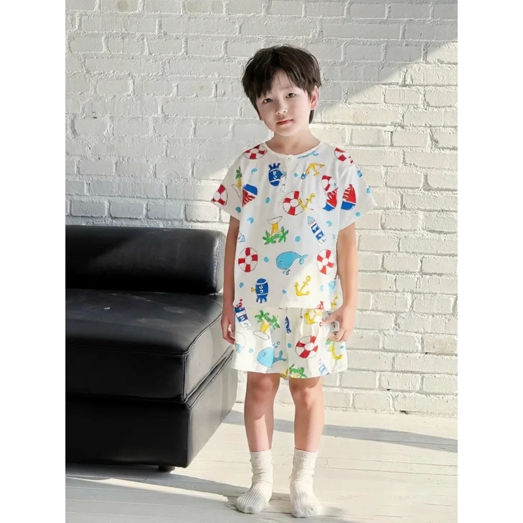 Bộ Pyjama Bé Trai, Đồ Bộ Ngủ Bé Trai Ngắn Tay Chất Tôn Mềm Mát Thoải Mái Mặc Ở Nhà Hoạ Tiết Biển Từ 8-40kg Dành Cho Bé Trai