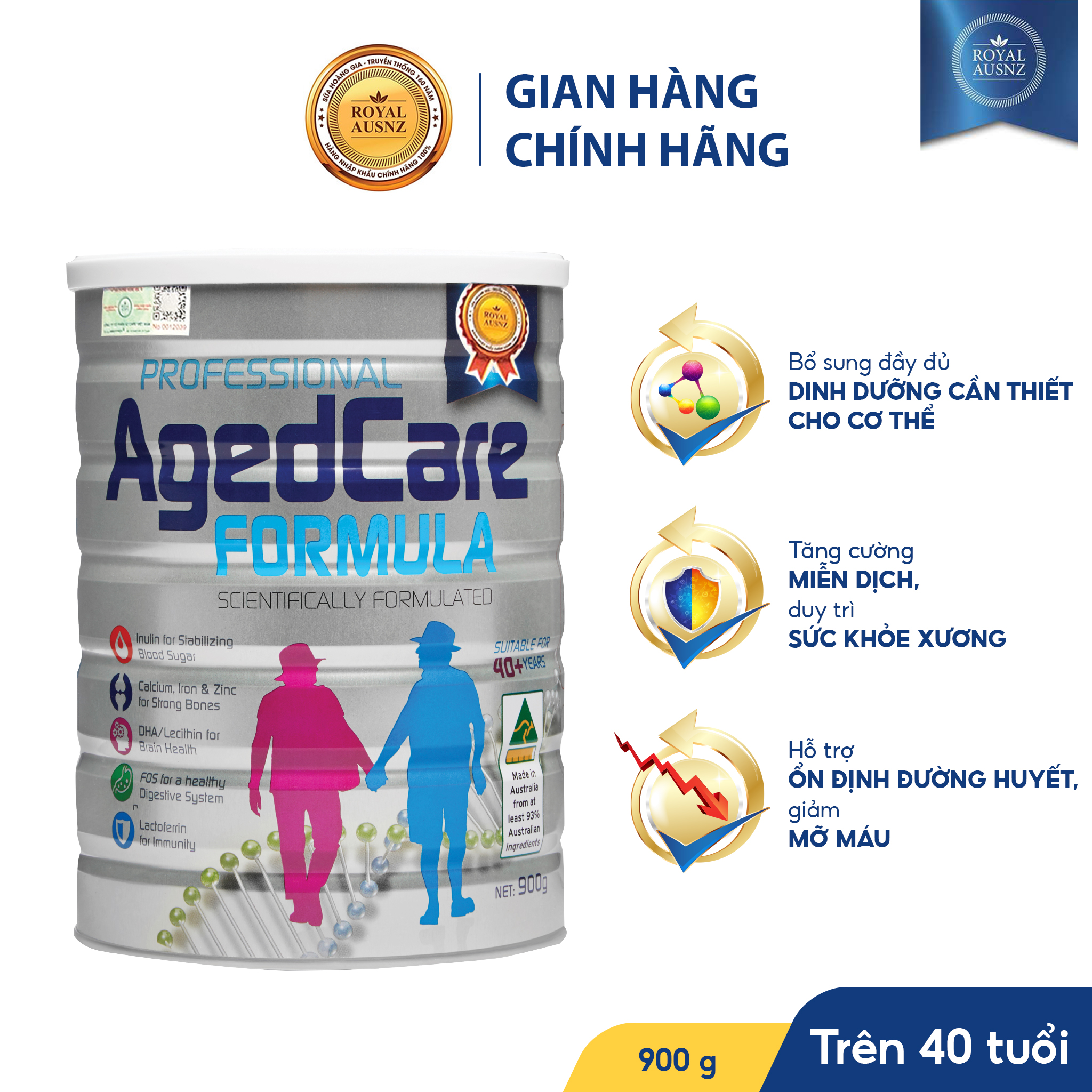 Sữa Bột Hoàng Gia Úc Royal Ausnz Agedcare Fomula Bổ Sung Dinh Dưỡng Cho Người Trên 40 Tuổi 900G