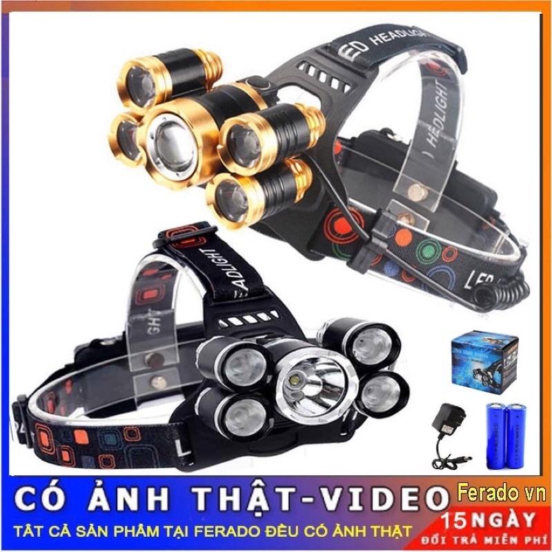 Đèn pin đội đầu đeo trán 5 bóng , đèn pin siêu sáng tích điện có dây đeo đầu chống nước tiện lợi