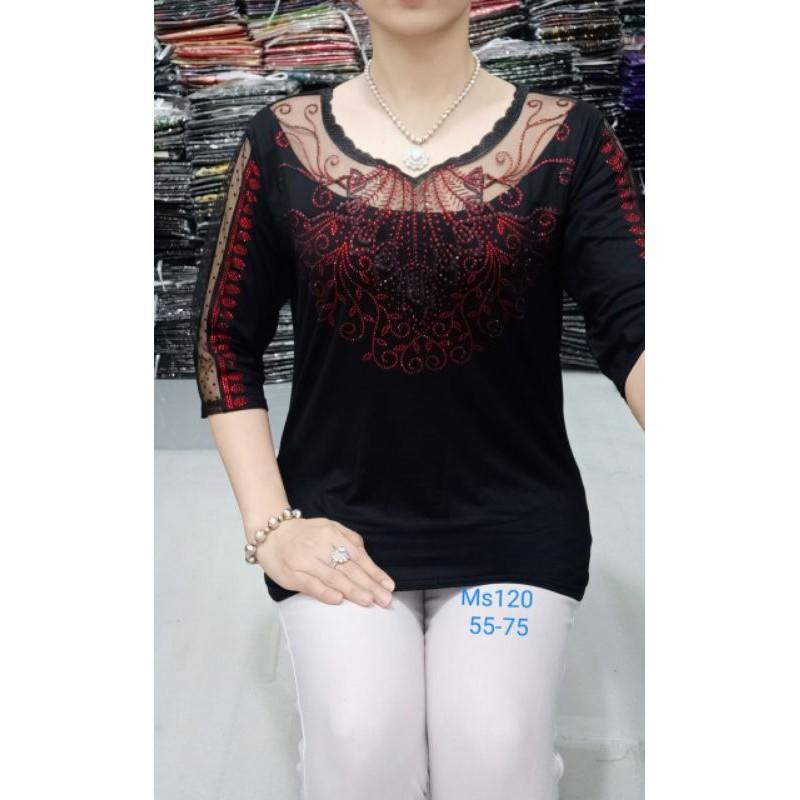 Áo kiêu trung niên- size 55-80kg. vải thun cotton hoa thêu đá dập máy