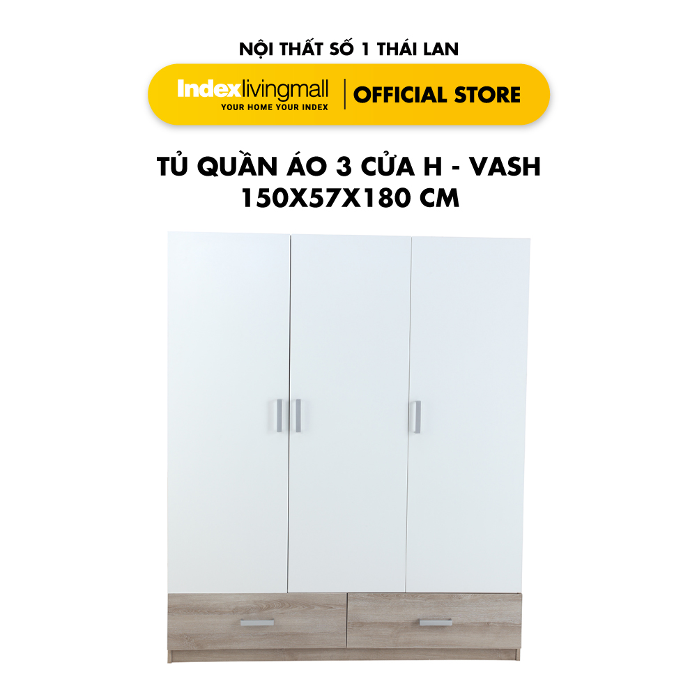 Tủ Quần Áo 3 Cửa Kết Hợp 2 Ngăn Kéo Đựng Đồ H VASH Gỗ Công Nghiệp Cao Cấp Màu Trắng Chống Ẩm Mốc Sang Trọng | Index Living Mall | Nội Thất Nhập Khẩu Thái Lan - Phân Phối Độc Quyền Tại Việt Nam