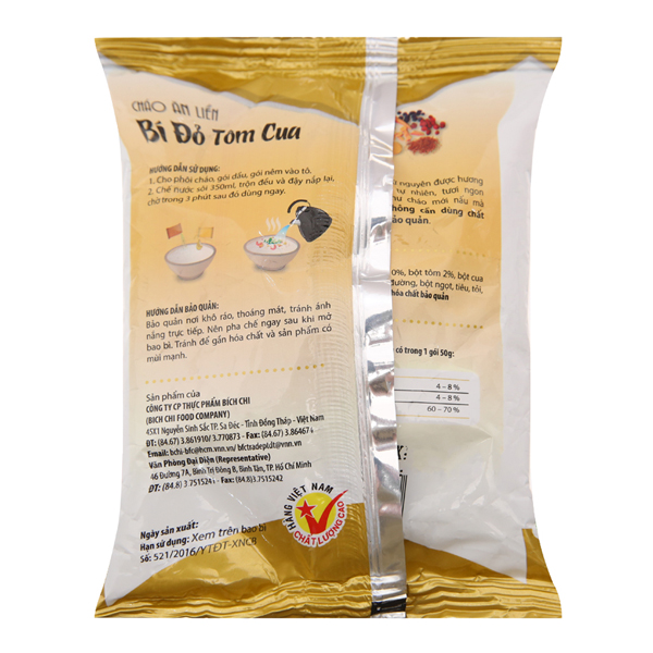 Thùng 50 Gói Cháo Ăn Liền Bí Đỏ Tôm Cua Bích Chi (50g/Gói)