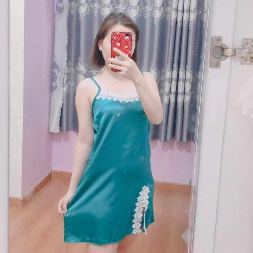 Đầm ngủ 2 dây sexy gợi cảm bigsize, váy ngủ nữ lụa satin phối ren mặc mát thoải mái